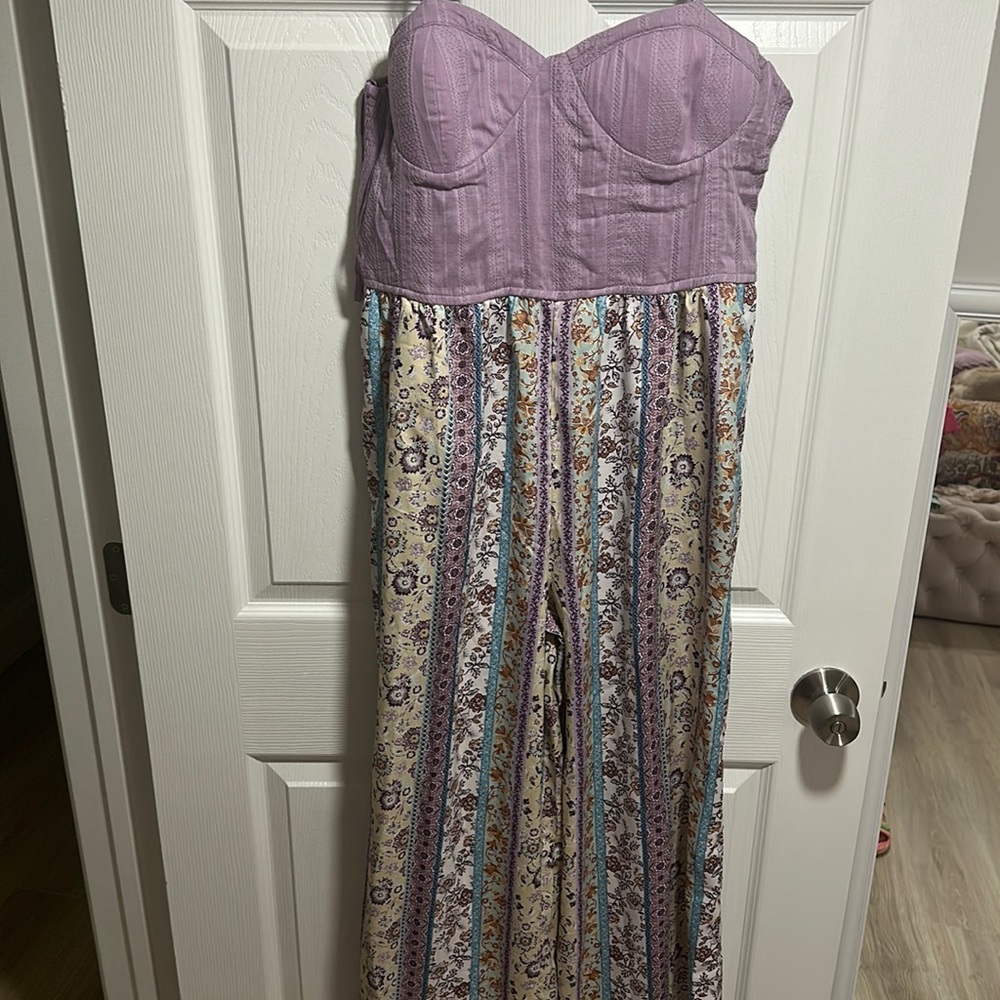 Purple top and multicolored bottom jumpsuit